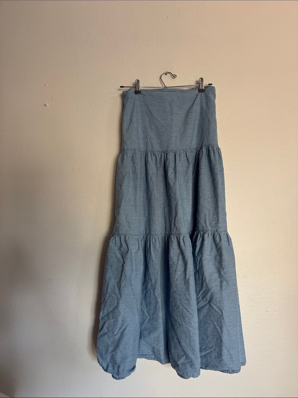Passport Chambray Tiered Maxi Skirt in Light Blue